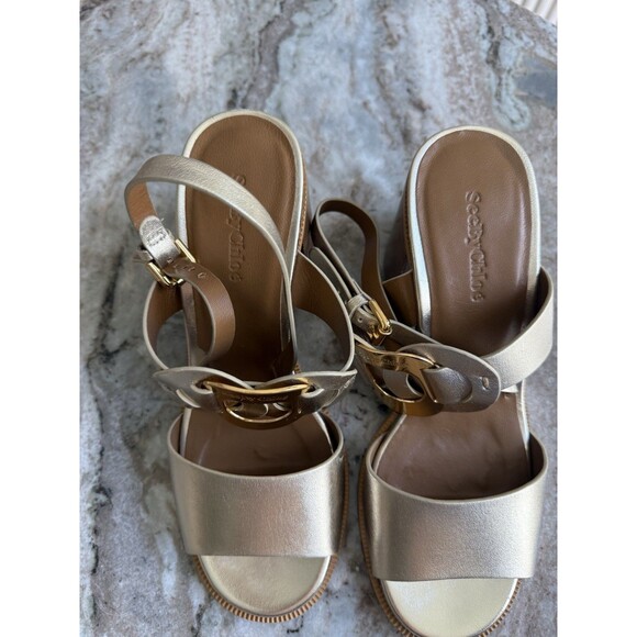 SEE BY CHLOE CHANY Gold LEATHER HEELED SANDALS 38.5 - Picture 3 of 10